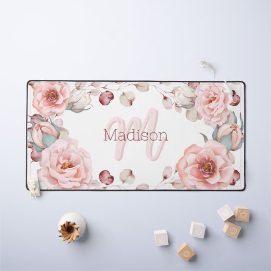 水彩バラリース パーソナライズされた | ヘビーホワイト デスクマット (キッズテーブル)