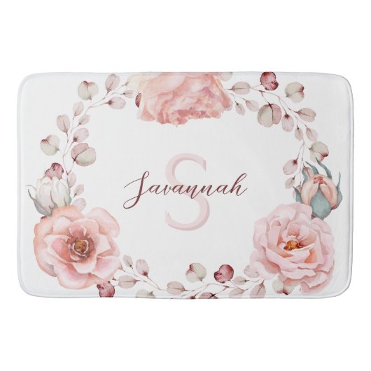 水彩バラリース パーソナライズされた | ヘビーホワイト バスマット (正面)