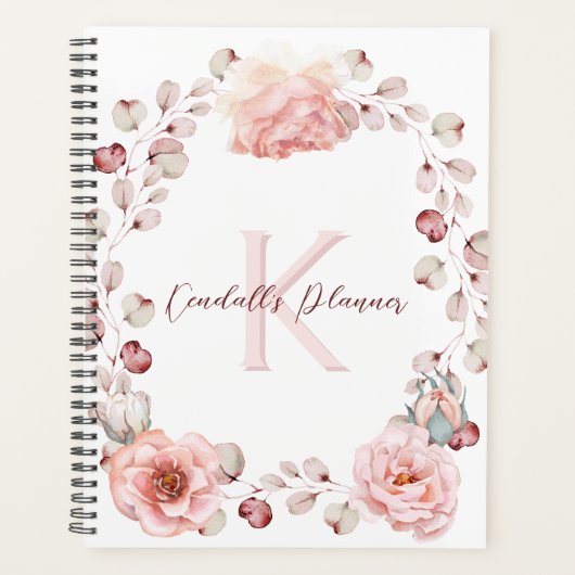 水彩バラリース パーソナライズされた | ヘビーホワイト プランナー手帳 (正面)