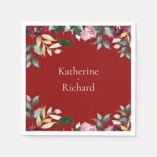 水彩バラレッドフローラ結婚ズカクテル スタンダードカクテルナプキン (正面)