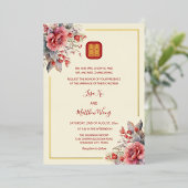 水彩バラ中国の結婚金ゴールド 箔招待状 (立ち正面)