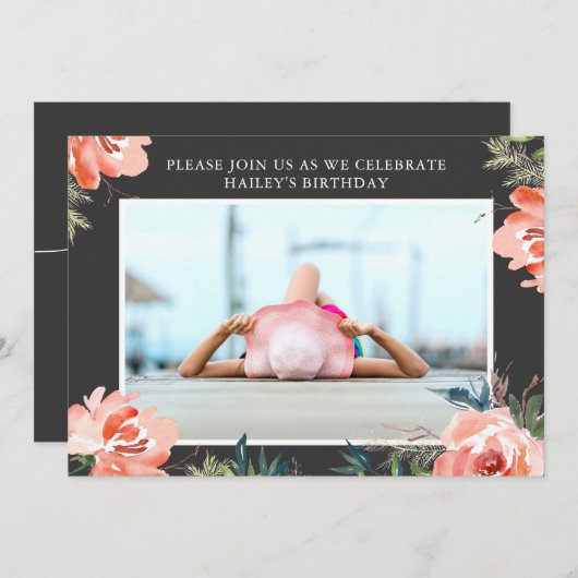 水彩バラ写真バースデーパーティーの招待 招待状 (正面/裏面)