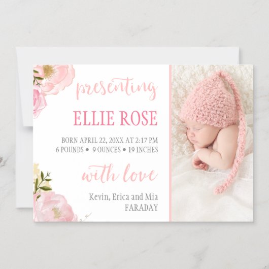 水彩バラ写真出産案内マグネット マグネット招待状 (正面)