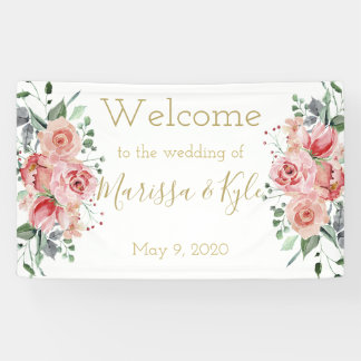 水彩バラ庭園の結婚式ウェルカムバナー 横断幕