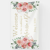 水彩バラ庭園の結婚式ウェルカムバナー 横断幕 (縦)