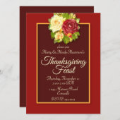 水彩バラ感謝祭ディナーパーティー 招待状 (正面/裏面)