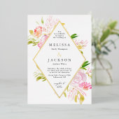 水彩バラ春フラワー招待状ダイヤモンド 箔招待状 (立ち正面)