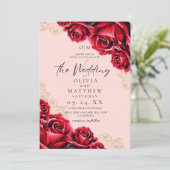 水彩バラ結婚の赤金ゴールド 招待状 (スタンド正面)