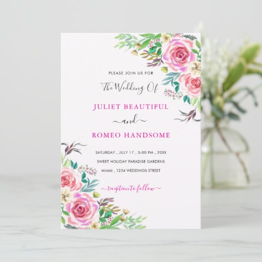 水彩バラ結婚式招待状テンプレート (スタンド正面)