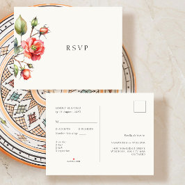 水彩バラ結婚式RSVP応答 案内ポストカード