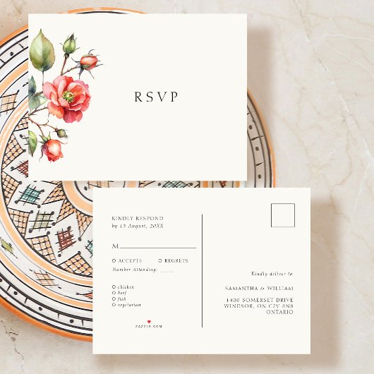 水彩バラ結婚式RSVP応答 案内ポストカード