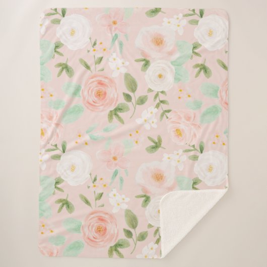 水彩バラ花ピンクと桃 シェルパブランケット (正面)