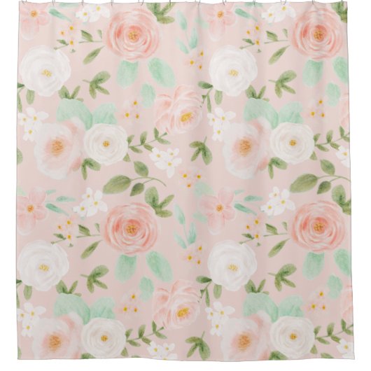 水彩バラ花ピンクと桃 シャワーカーテン (正面)