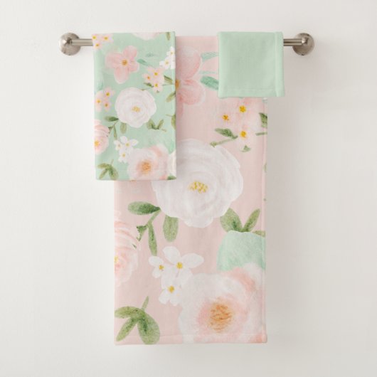 水彩バラ花ピンクと桃 バスタオルセット (インサイチュ)