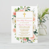 水彩バラ花ピンク金ゴールドフレーム聖体 招待状 (スタンド正面)