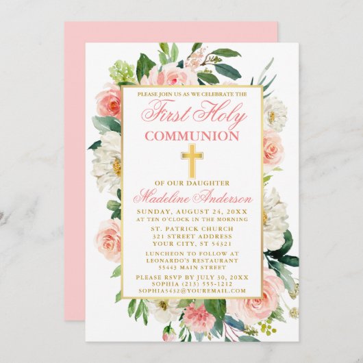 水彩バラ花ピンク金ゴールド第1聖餐式 招待状 (正面/裏面)