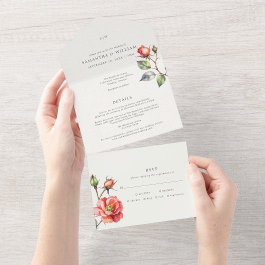 水彩バラ花 オールインワン招待状 (貼ってはがせる)