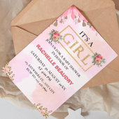 水彩バラ赤面ピンク女の子ベビーシャワー 招待状