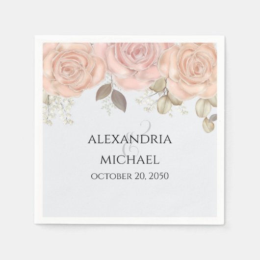 水彩バラ金ゴールドの葉のエレガント緑 スタンダードカクテルナプキン (正面)