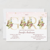 水彩バラ金ゴールドグリッターベビーガールシャワー 招待状 (正面)