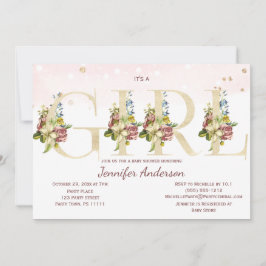 水彩バラ金ゴールドグリッターベビーガールシャワー 招待状