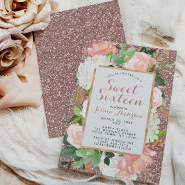 水彩バラ金ゴールドピンクグリッターSweet sixteenイン 招待状