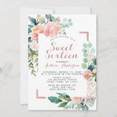 水彩バラ金ゴールドピンクグリッターSweet sixteen 招待状 (正面)