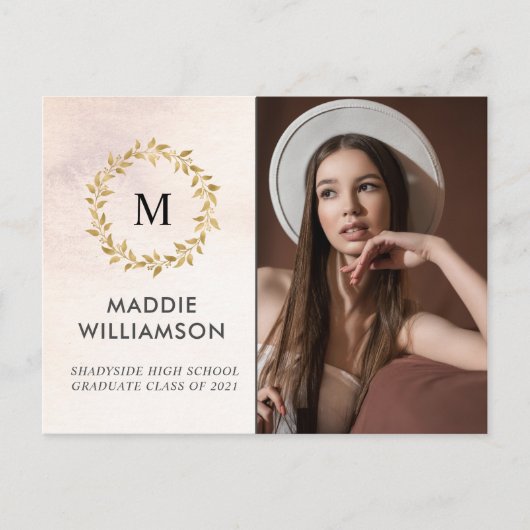 水彩バラ金ゴールドローレルフォトグラッドパーティー インビテーションポストカード (正面)