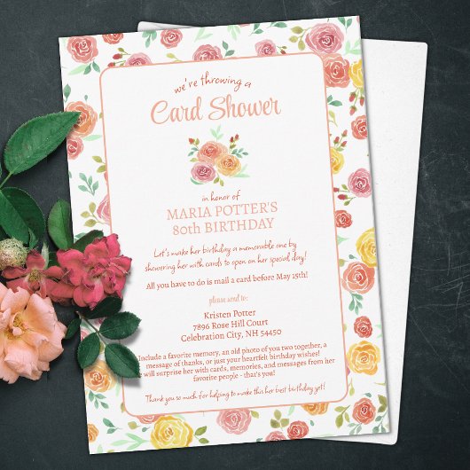 水彩バラ80誕生日カードシャワー 招待状