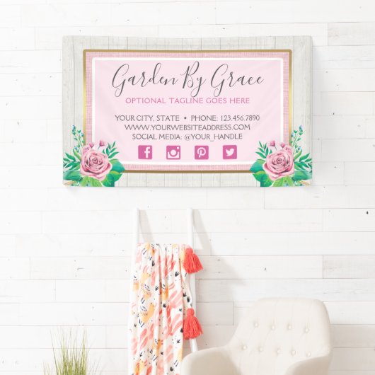 水彩バラ&ウッ素朴ドシャビーシックコテージ 横断幕 (インサイチュ)