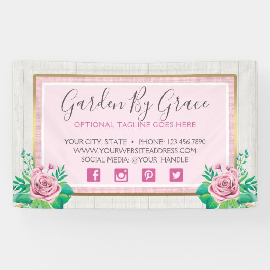 水彩バラ&ウッ素朴ドシャビーシックコテージ 横断幕 (横)