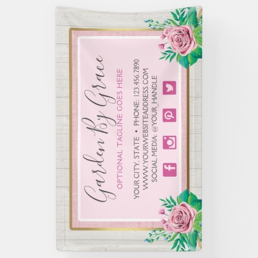 水彩バラ&ウッ素朴ドシャビーシックコテージ 横断幕 (縦)