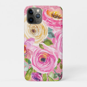 水彩バラ(ピンクとクリームピンク)グリッター iPhone 11 PROケース