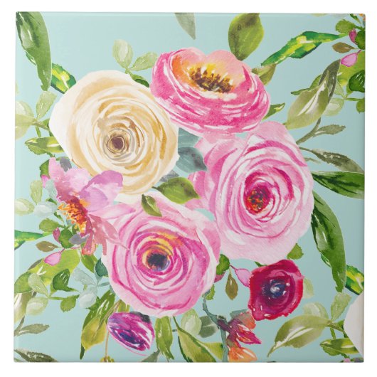 水彩バラ（ピンク）とクリームオンアクア タイル (正面)