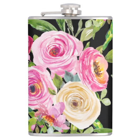 水彩バラ（ピンク）、クリーム（黒） フラスク (正面)