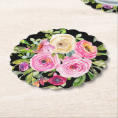水彩バラ（ピンク）、クリーム（黒） ペーパーコースター (アングル)