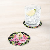水彩バラ（ピンク）、クリーム（黒） ペーパーコースター (インサイチュ)