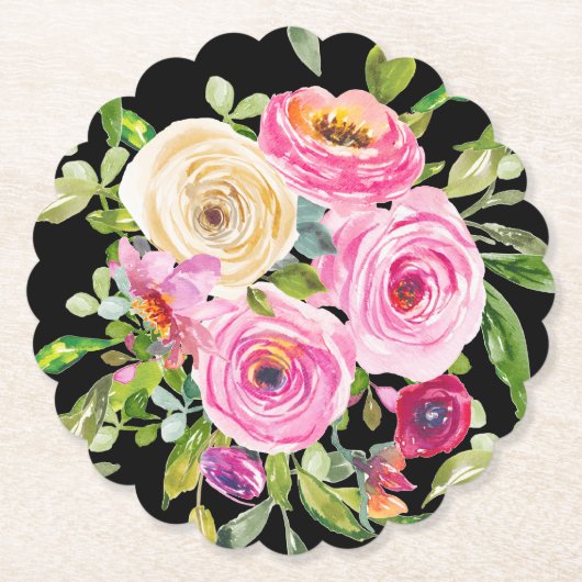 水彩バラ（ピンク）、クリーム（黒） ペーパーコースター (正面)