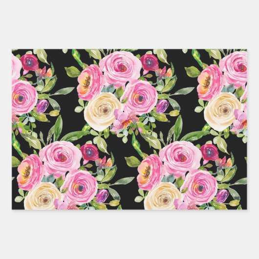 水彩バラ（ピンク）、クリーム（黒） ラッピングペーパーシート (正面)