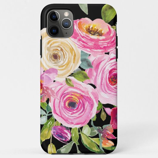 水彩バラ（ピンク）、クリーム（黒） Case-Mate iPhoneケース (裏面)