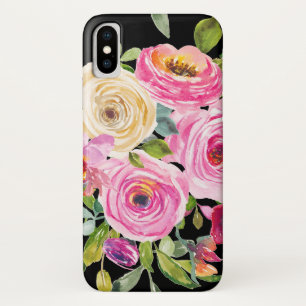水彩バラ(ピンク)、クリーム(黒) iPhone X ケース