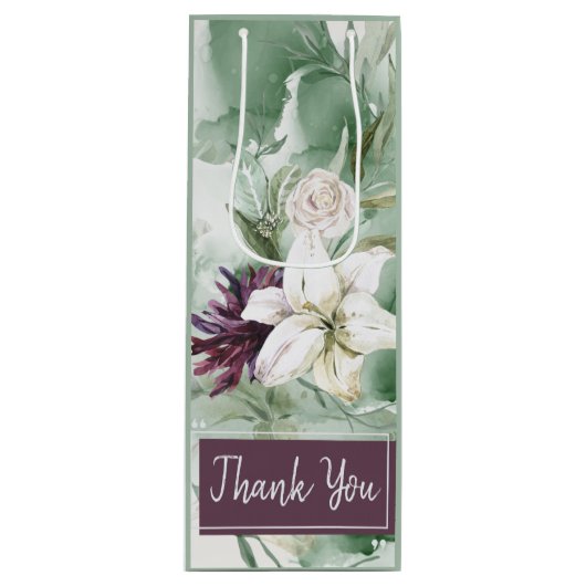 水彩バラ、リリー、マグノリア ワインギフトバッグ (正面)