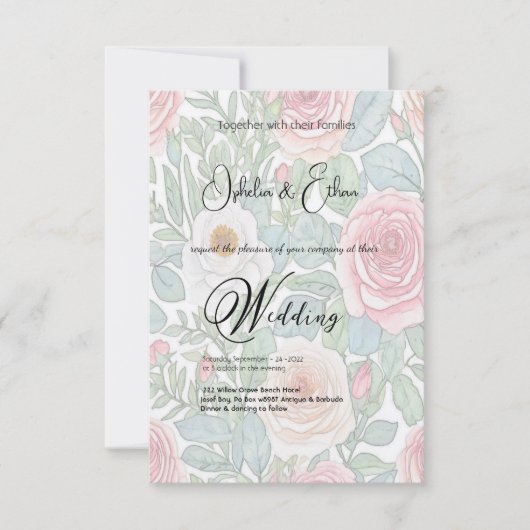 水彩バラ、結婚式招待状 招待状 (正面)