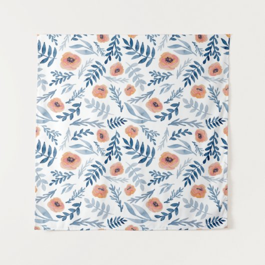 水彩バラ：青い葉シームレス タペストリー (正面)