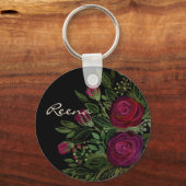 水彩バラ、黒い背景、水色 キーホルダー (正面)