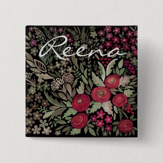 水彩バラ、黒い背景、水色 缶バッジ (正面)