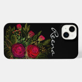 水彩バラ、黒い背景、水色 iPhoneケース (裏面横)
