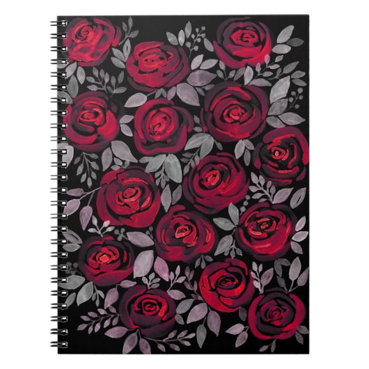 水彩バラ、黒に赤いバラ ノートブック (正面)