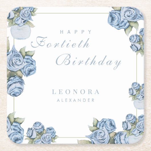水彩バラANYマイルストーンフローラ誕生日 スクエアペーパーコースター (正面)
