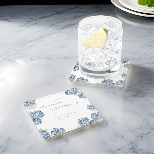 水彩バラANYマイルストーンフローラ誕生日 スクエアペーパーコースター